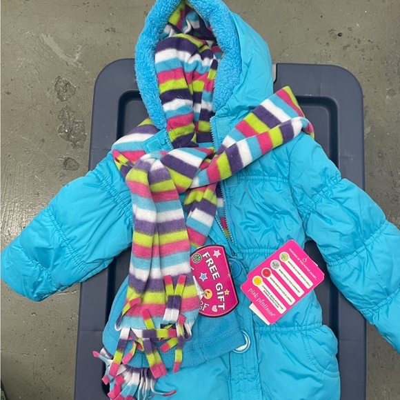 New Puffer Jacket with Hat and Rainbow Striped Scarf, Girls Size 4T - Aqua - Picture 8 of 10